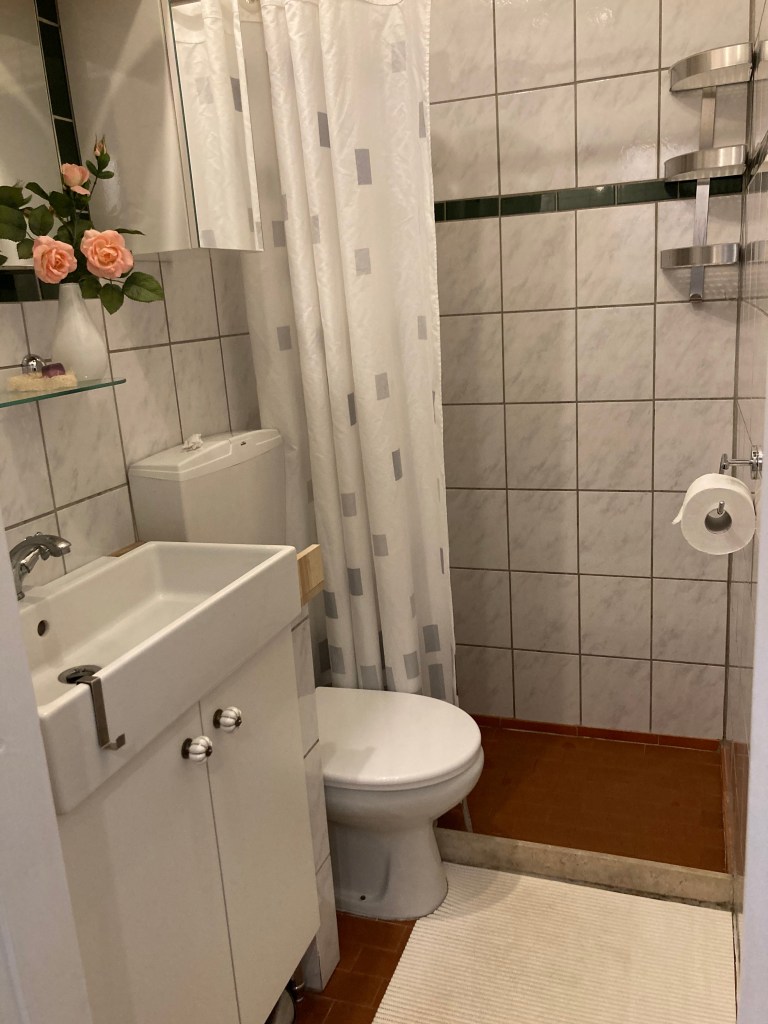 Badezimmer der Casa del Lampone mit Dusche und Waschbecken
