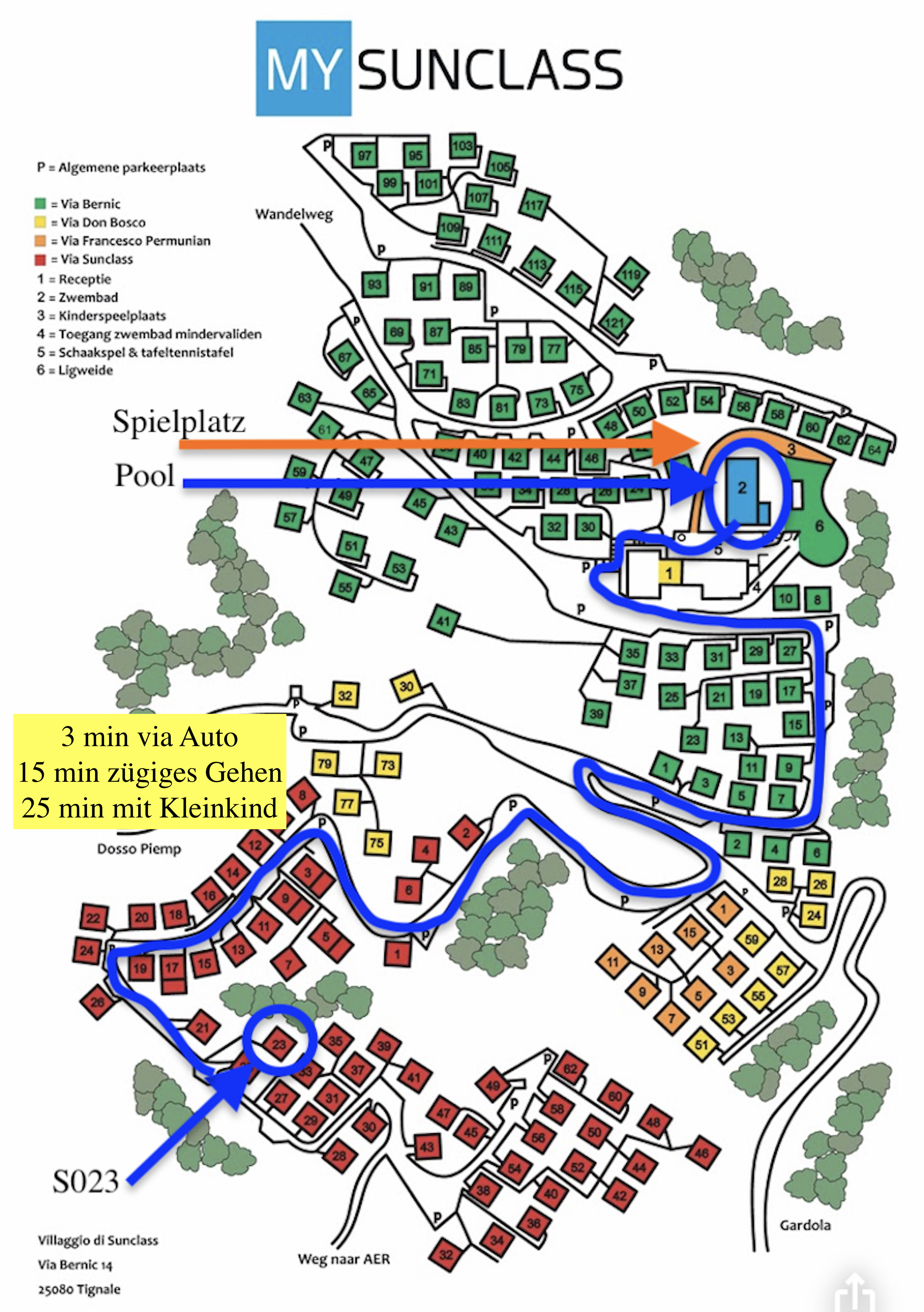 Lageplan des Villaggio di Sunclass – Wegstrecke von Haus S023 zu Pool und Spielplatz mit Zeitangaben